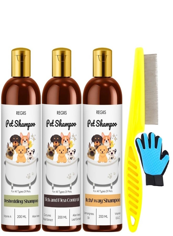 مجموعة شامبو للحيوانات الأليفة مع أدوات العناية، عبوة من 3 زجاجات شامبو للكلاب لإزالة الشعر الزائد، ومكافحة القراد والبراغيث، وعلاج حكة الجلد، سعة كل زجاجة 200 مل، تتضمن مشطًا للبراغيث وقفازًا للعناية (عبوة من 5 قطع) - Image 1